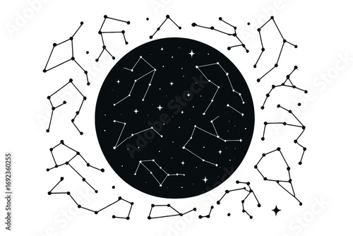 Minimalist black and white celestial star map with the twelve zodiac constellations arranged in a circle for astrology and astronomy concepts