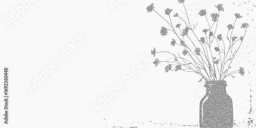 Flowers in a vase. Simple dark figure with worn ink edges, subtle scratch marks and grain. Speckled texture and dusty overlay.