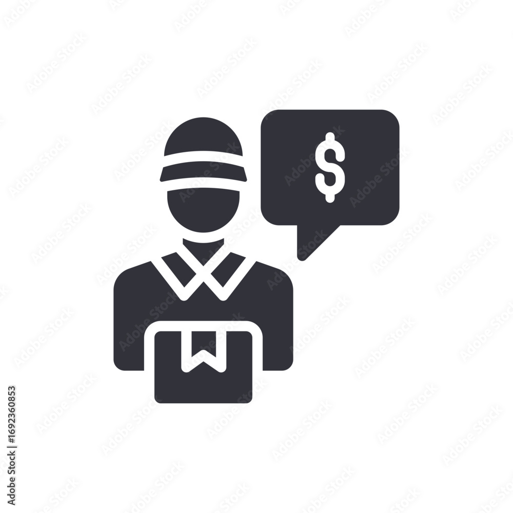 Fototapeta premium Courier Service Agent Delivering Package With Dollar Sign In Speech Bubble Concept