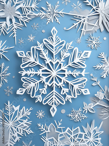 A collection of intricately crafted paper snowflakes arranged on a blue background, showcasing detailed winter-themed designs perfect for holiday decoration and seasonal art projects.