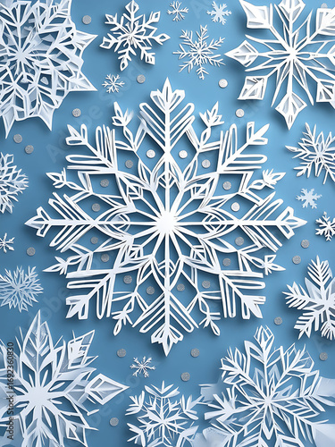 A collection of intricately crafted paper snowflakes arranged on a blue background, showcasing detailed winter-themed designs perfect for holiday decoration and seasonal art projects.