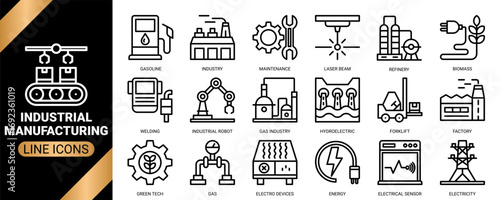 Industrial manufacturing icon set collection in outline style. an icon pack containing icons of factory, robot arm, assembly line, construction worker, car manufacturing and more.