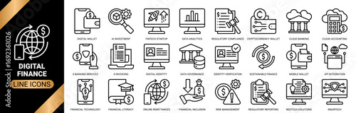 Digital finance icon set collection in outline style. an icon pack containing icons of data analytics, digital wallet, mobile wallet app, fintech startup and more.