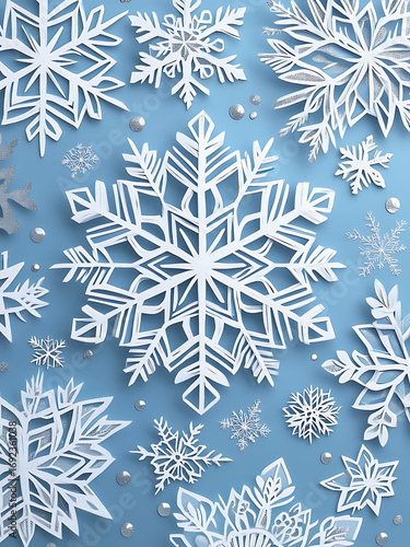 A collection of intricately crafted paper snowflakes arranged on a blue background, showcasing detailed winter-themed designs perfect for holiday decoration and seasonal art projects.
