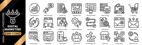 Digital Marketing icon set icon set collection in outline style. an icon pack containing icons of marketing funnel, web analytics, seo result, conversion rate, search result and more.