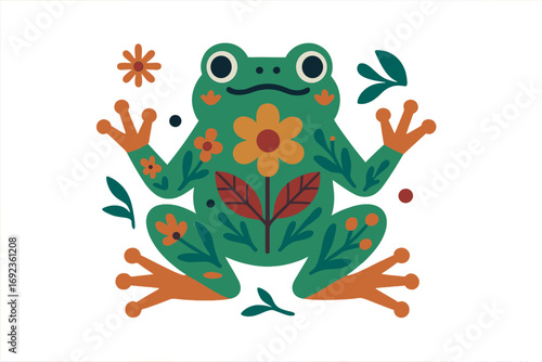 Cute green frog with folk art floral pattern decoration in a whimsical style isolated on a white background