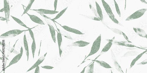 Green botanical print, bamboo. Rough brush mark with dry stipple dust grain and subtle scratches. Uneven tone and faded ink give the object a vintage feel.