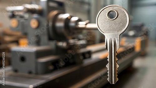 Silver key rests in front of a blurred metal lathe. Ideal for locksmith services or industrialthemed designs, machinist concepts.