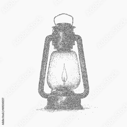 Lantern with candle. Noisy shape with rough grain, stipple texture, and blurred ink edges. Threshold noise and faint dust marks fill the background.