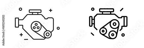 Car engine line icon set for automotive service and repair with motor block, belt, and pulley system graphic