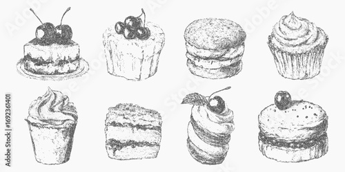 Set of drawings of pastries and desserts. Vintage brush figure with uneven edge soft ink grain and dusty speckle. Dry stipple and surface scratches give it a textured look.