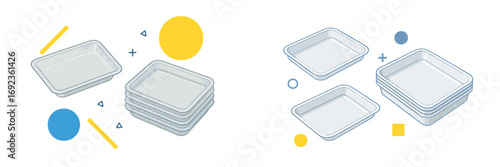 Isometric plastic food trays and disposable containers for packaging and storage shown in single and stacked sets