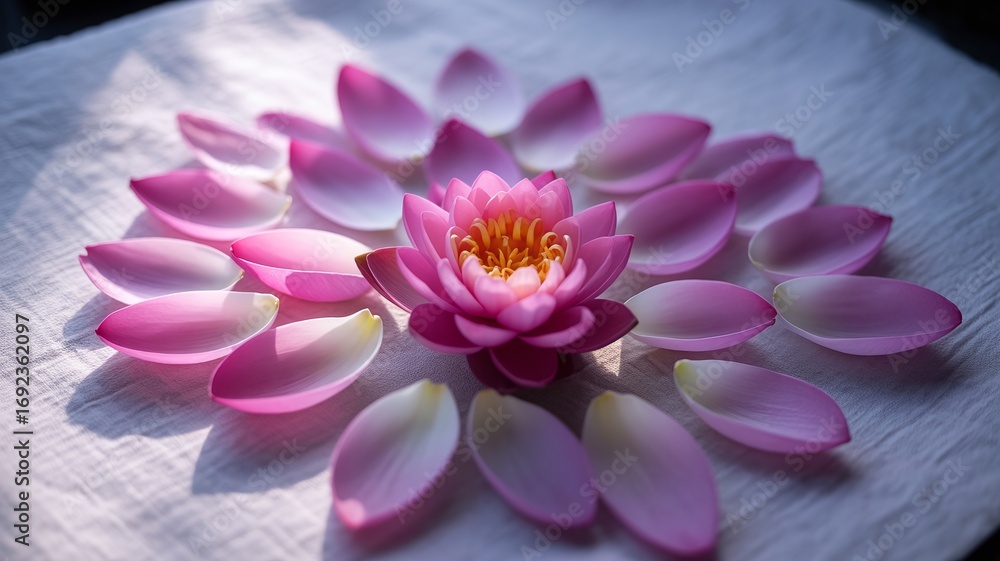 Obraz premium Closeup of a vibrant pink lotus flower surrounded by delicate petals, creating a serene and beautiful composition