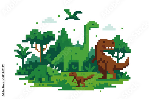 Pixel art scene with various dinosaurs like T-Rex, Brachiosaurus, Triceratops, and Pterosaur in a prehistoric jungle landscape with lush green trees