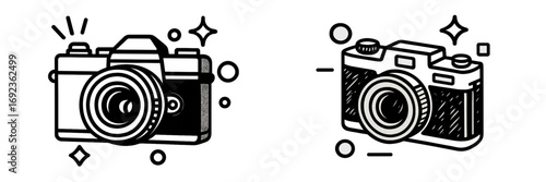 Set of two retro film cameras in a hand-drawn line art style with decorative elements, a classic photography icon collection isolated on a white background