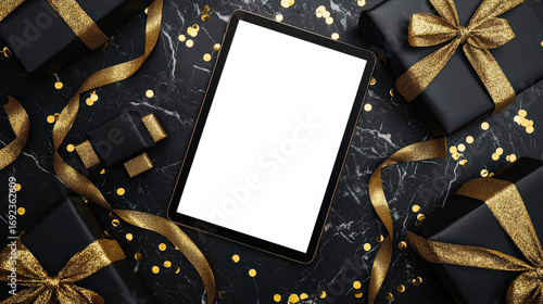 Top view of a stylish and fashionable tablet surrounded by gifts and golden confetti. Tablet mockup. Black Friday sale. The concept of celebration and anticipation