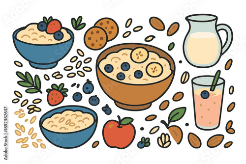 Healthy breakfast food set with oatmeal porridge, fresh berries, banana, apple, almonds, milk, and a smoothie isolated on white
