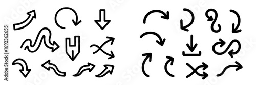 Collection of hand drawn black arrow icons in various doodle styles showing direction, navigation, and movement