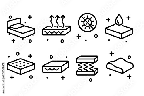 Icon set of mattress and bedding properties showing breathable fabric, waterproof protection, anti-bacterial qualities, memory foam, and spring support