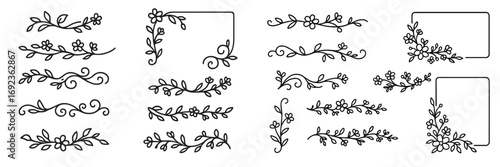 Set of hand drawn floral dividers, borders, and frames with leaves and flowers, decorative line art elements for wedding invitations or elegant design