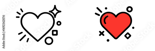 Decorative doodle heart icon set for love and romance concepts, with a simple red filled heart and an outline version on a white background