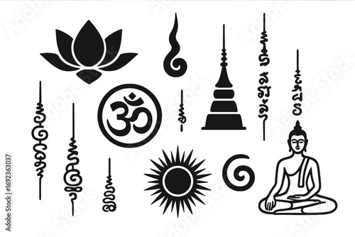 Set of Buddhist and Hindu spiritual symbols with Buddha, Om, lotus flower, stupa, and traditional Sak Yant tattoo designs