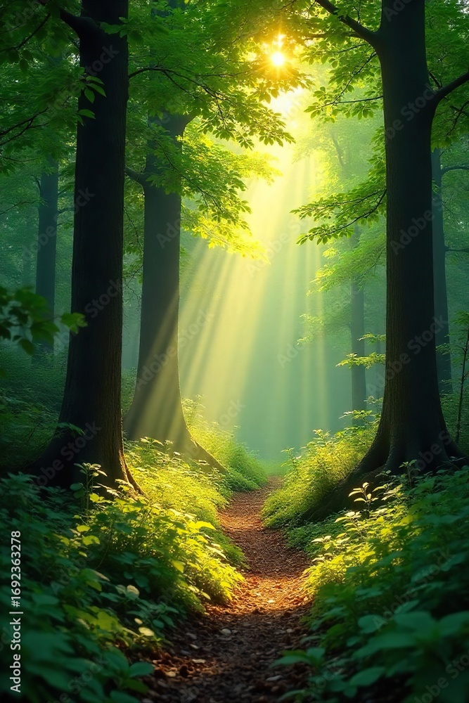 Fototapeta premium Golden sunlight streams through the leaves of a lush green forest, dappling the forest floor in light and shadow A tranquil and peaceful scene of nature's beauty , texture, nature