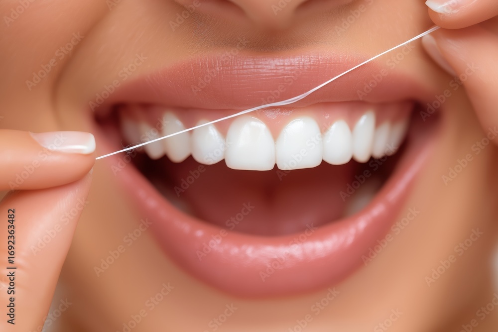 Obraz premium Achieve a dazzling smile with meticulous teeth flossing for optimal oral hygiene and health