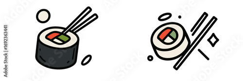 Set of sushi maki roll icons with chopsticks in colored and line art styles for Japanese food concepts