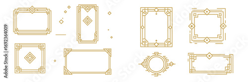 Set of Art Deco gold frames and borders with geometric line art for vintage invitations and elegant design elements isolated on a white background