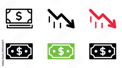 Financial Crisis Icons:  Dollar Bills and Decreasing Value Graph,  Black, Red, and Green Variations,  Modern Minimalist Style,  Urgent Economic Downturn Concept.