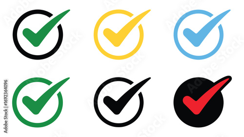 Colorful Checkmark Icons: Six Variations of Approved, Completed, and Confirmed Symbols for Web and App Design.