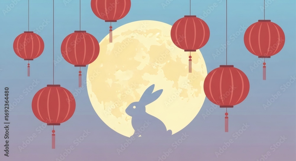 Obraz premium Illustration of a full moon with a rabbit silhouette, surrounded by hanging red lanterns.