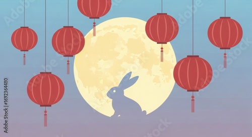 Illustration of a full moon with a rabbit silhouette, surrounded by hanging red lanterns.