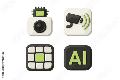 3D technology icon set with camera, security surveillance, app menu, and artificial intelligence symbol on an isolated white background