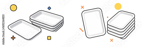 Set of empty white styrofoam food trays for packaging meat or produce isolated on a white background with abstract geometric shapes