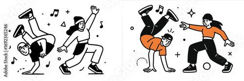 Dynamic characters in modern streetwear performing breakdance and hip hop dance moves in a minimalist style