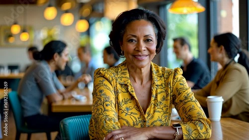 Confident mature woman in yellow patterned jacket smiling while sitting in busy modern café with warm ambient lighting