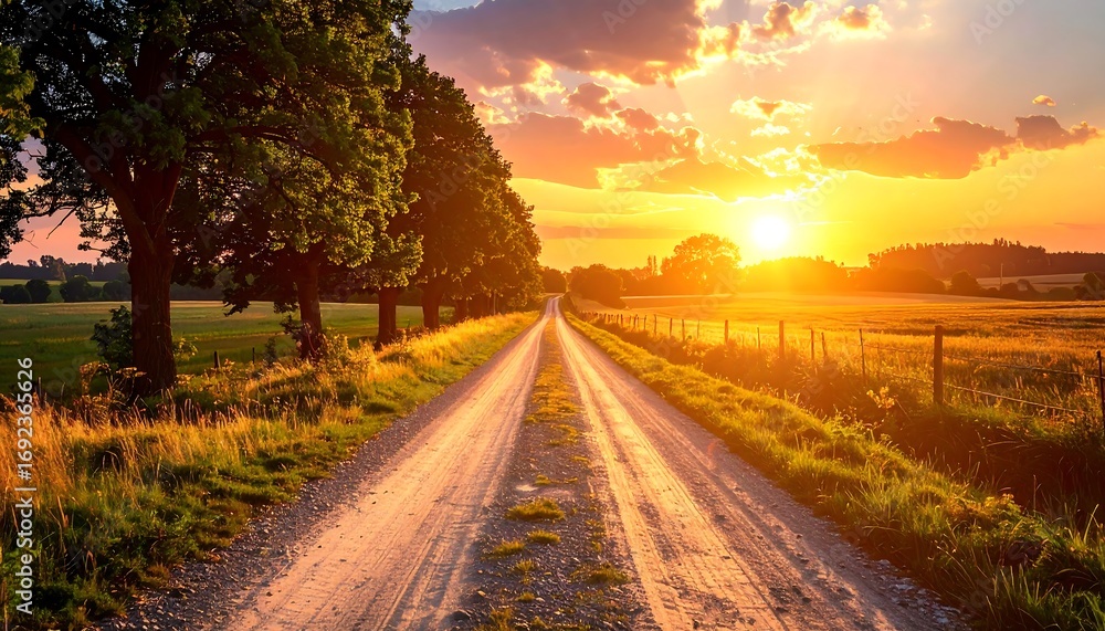 Obraz premium A serene country road bathed in the warm, golden light of a setting sun, leading towards the horizon amidst lush trees and open fields