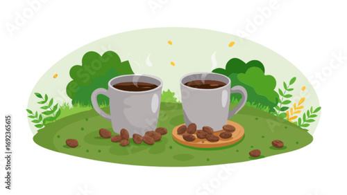 Coffee cups and beans outdoor