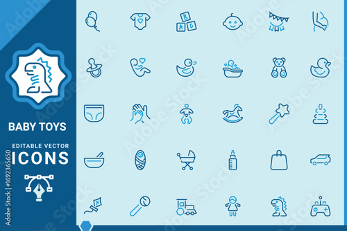 Baby toys icons set. and Baby vector icon. Newborn essentials line icon set. car, kite, abc blocks,pacifier, toy and more. Editable Stroke.
