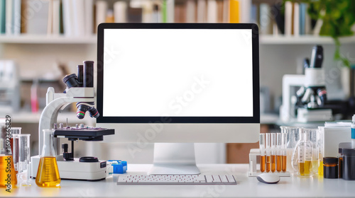 Computer monitor mockup. A personal computer stands in the office of the chemical laboratory on a table covered with various chemicals and equipment