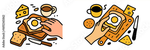 Hand preparing a breakfast sandwich with fried egg on toast, served alongside a fresh cup of coffee and cheese on a cutting board