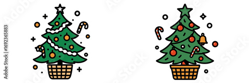 Set of two decorated Christmas tree icons with ornaments, candy canes, and a star topper for winter holiday celebration