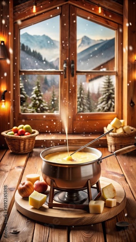Photo of cozy winter cabin scene with a steaming pot of cheese fondue on a wooden table, set against a snowy mountain landscape viewed through a rustic window with fairy lights