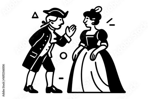 Wallpaper Mural Minimalist black and white graphic of a historical aristocratic couple in 18th century period costumes engaged in conversation Torontodigital.ca