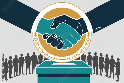 Illustration of handshake in circle above ballot box with people silhouettes standing around it