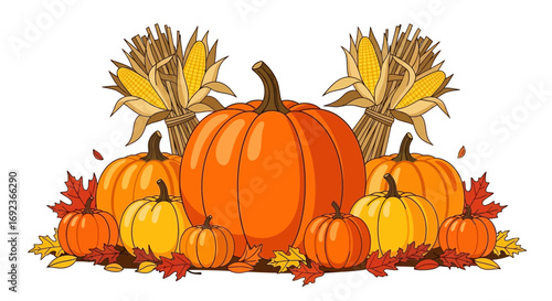 Autumn harvest display with pumpkins, corn stalks, and colorful fall leaves