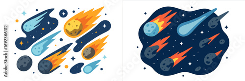 Collection of stylized comets, meteors, and asteroids flying through space with fiery and icy tails, a modern flat cartoon set of celestial bodies and stars for cosmic design elements