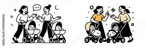 Two mothers walking with their babies in strollers and having a friendly conversation, set of minimalist character designs